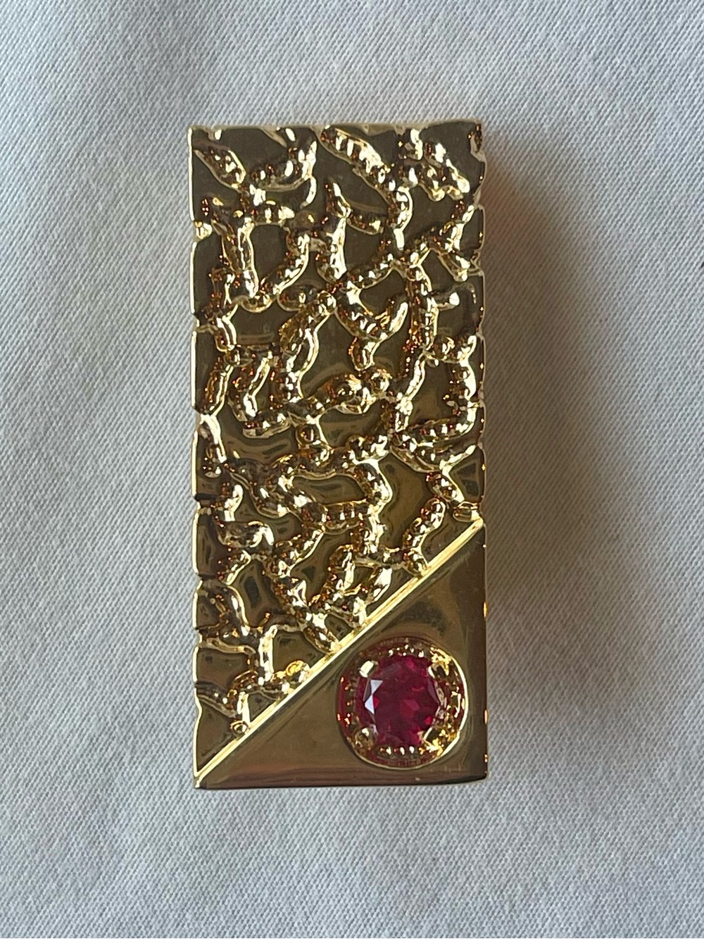 Vintage Money Clip Gold Electroplated Textured Red Stone Accent
